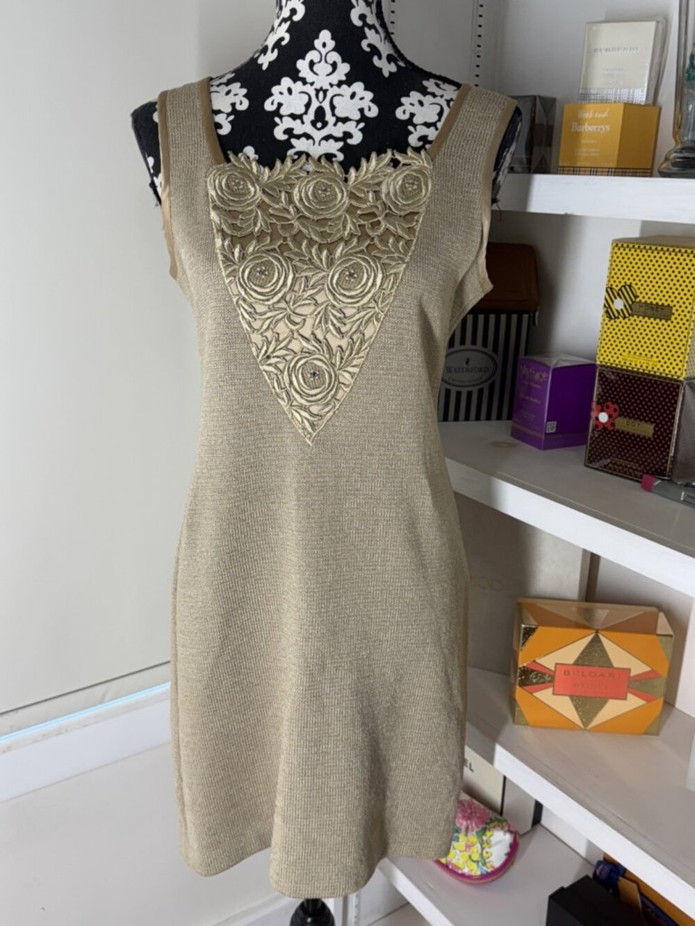 Lillie Rubin Vtg USA Tiered Lace Goldish Beige Sleeveless Cocktail Dress M 36